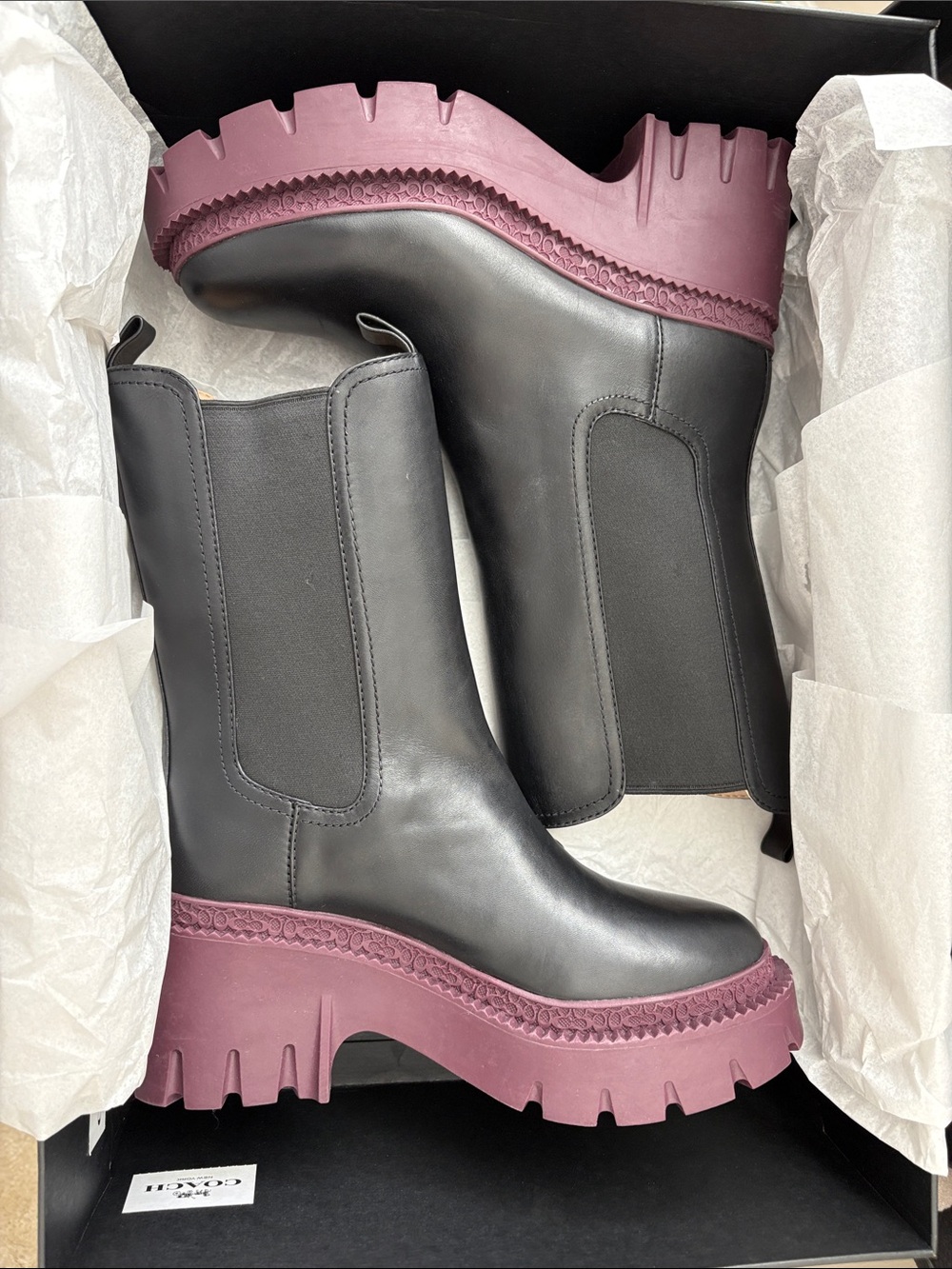 Coach Black Leather Chelsea Boots with Plum Lug Sole
